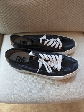 Frye Black Leather Low-Top Sneakers with White Laces and White Soles